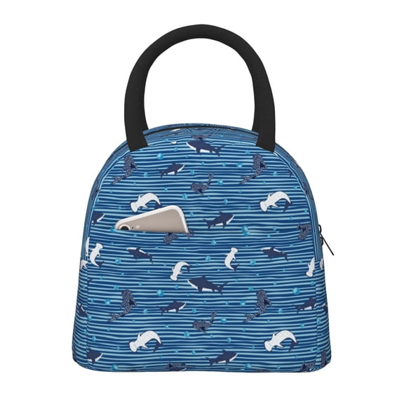 Rateoe Sharks on White Blue Striped Pattern Lunch Bag Women, Lunch Box, Lunch Bag, Small Leakproof Lunch Tote Large Capacity Reusable Insulated Cooler Lunch Container