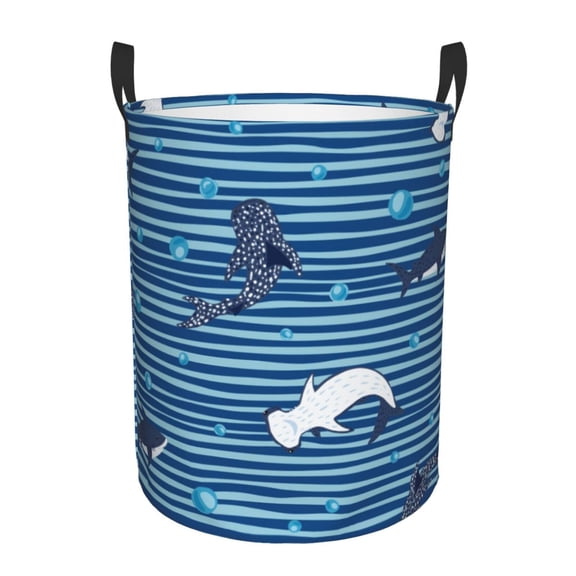 Rateoe Sharks on White Blue Striped Pattern Round Laundry Hamper Basket, Tall Hamper Basket for Blanket Storage, Nursery Clothes Hamper for Laundry in Bedroom and College Dorm-