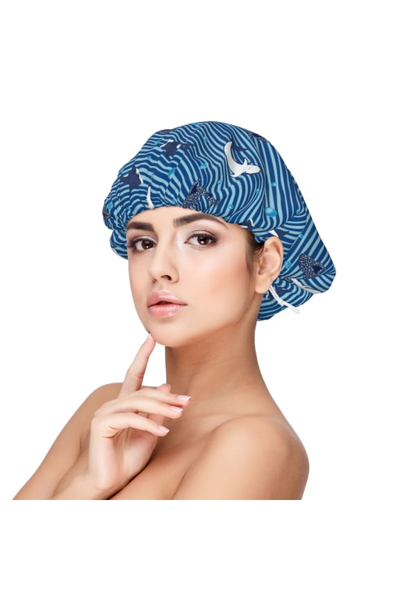 Sharks on White Blue Striped Pattern Silk Satin Hair Bonnet for Sleeping, Adjustable Sleep Cap Turban for Women , Curly Straight Hair Long Large Braid