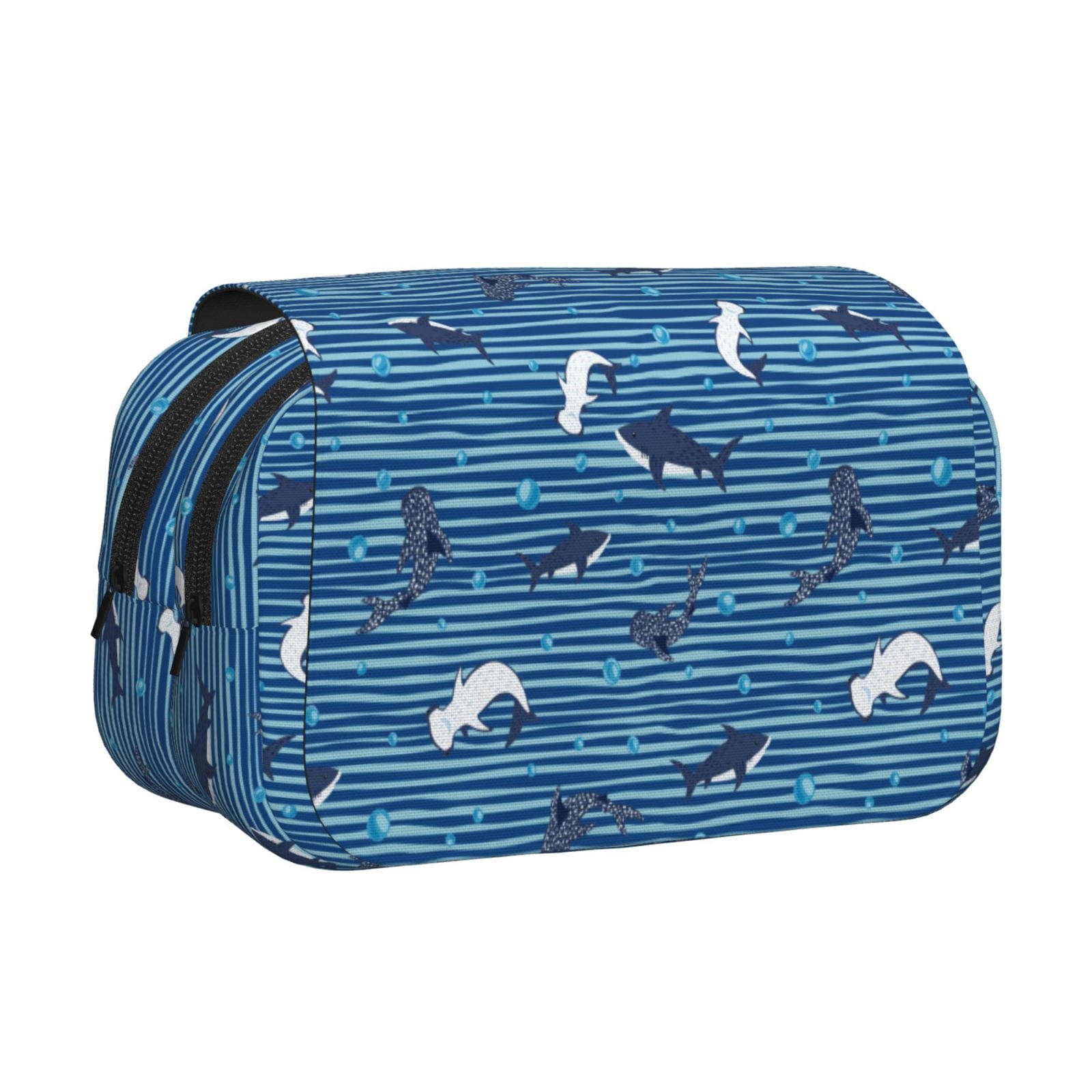 Rateoe Sharks on White Blue Striped Pattern Double Clamshell Pen Case, Storage Organizer with Two Zipper Compartments– Holds Up to 50 Pencils & Pens