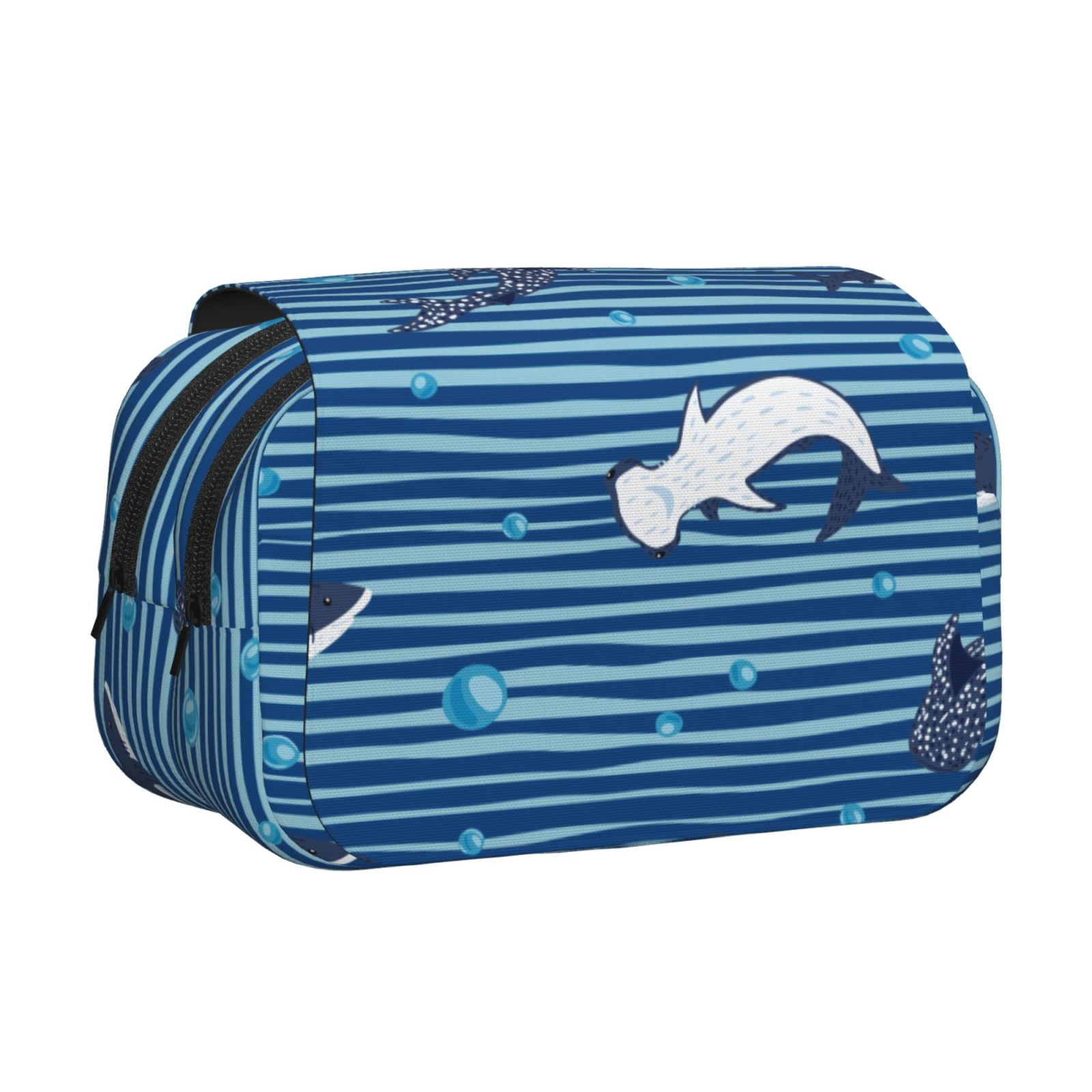 Rateoe Sharks on White Blue Striped Pattern Double Clamshell Pen Case, Storage Organizer with Two Zipper Compartments– Holds Up to 50 Pencils & Pens