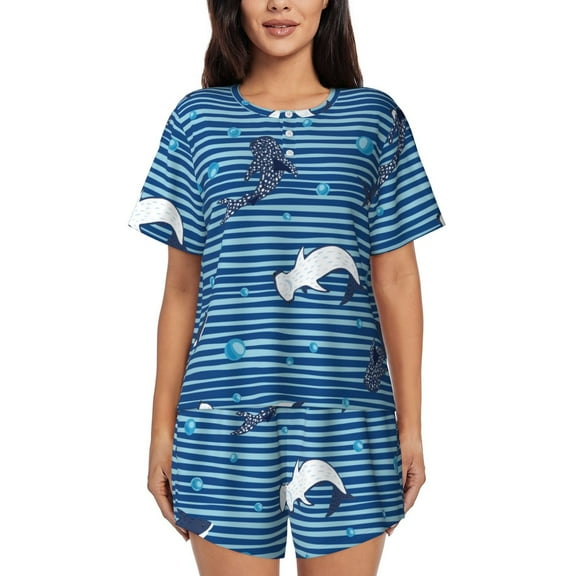 Rateoe Sharks on White Blue Striped Pattern Women's Short-Sleeved Pajama Set - 2 Piece Soft and Lightweight Sleepwear Set-Small