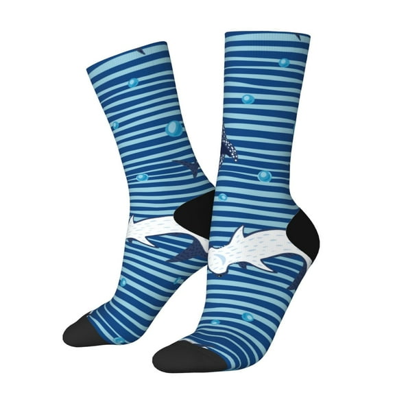 Rateoe Sharks on White Blue Striped for Women Casual Calf Socks - Cute Crew Socks - Thin Soft Above Ankle Socks Size 5-11