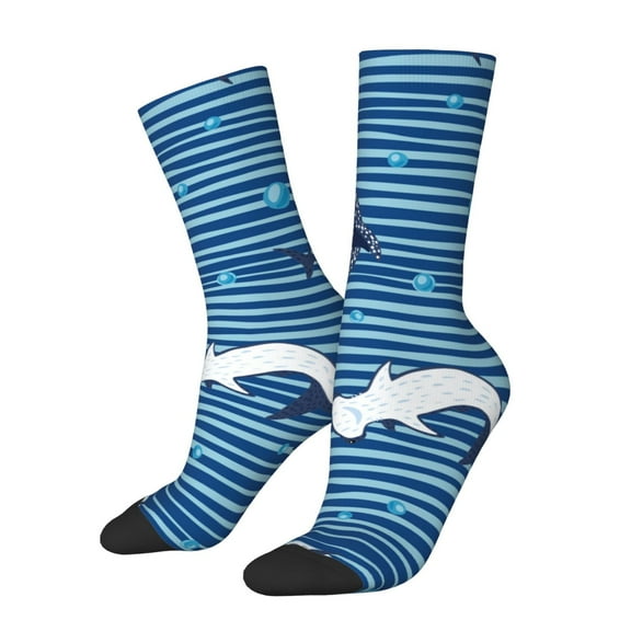Rateoe Sharks on White Blue Striped for Women Casual Calf Socks - Cute Crew Socks - Thin Soft Above Ankle Socks Size 5-11