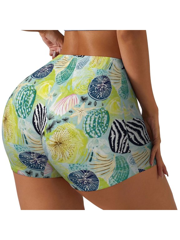 Shell Clam Printed Power Workout Shorts for Women Tummy Control Squat Proof Ribbed Thick Seamless Scrunch Active Short-Small