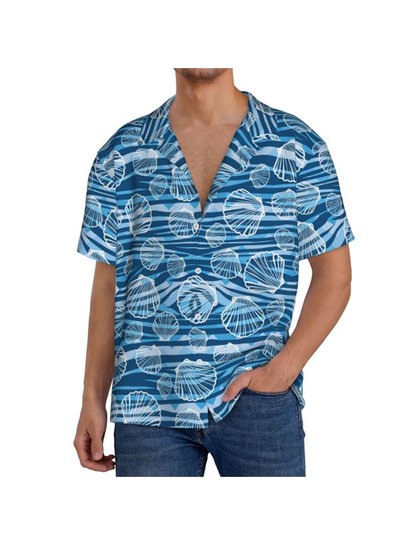 Shell Pattern Men's Short Sleeve Classic Shirt, Casual Short-Sleeved Shirt, Lightweight Summer Shirt, Cuban Collar Shirt,Button-Front Shirt-Medium