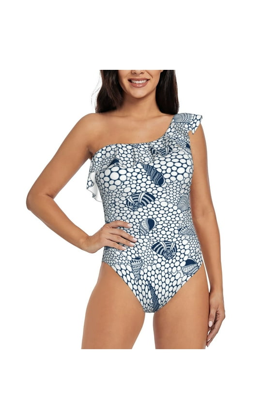 Shells And Sand Pattern Women One Piece Swimsuits Tummy Control One Shoulder Bathing Suits Ruffle Swimwear-XX-Large
