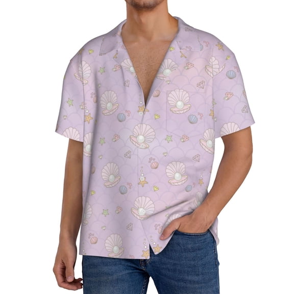 Rateoe Shells Pearl Print Mens Front Pocket Hawaiian Shirts Casual Shirts Short Sleeve Button Down Beach Tropical Shirts-Medium