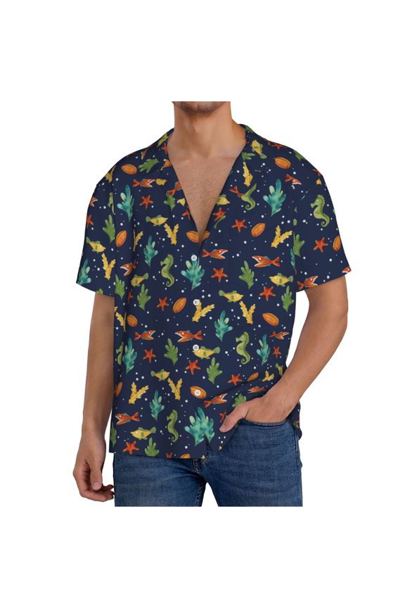 Shells and Seaweed Pattern Men's Short Sleeve Classic Shirt, Casual Short-Sleeved Shirt, Lightweight Summer Shirt, Cuban Collar Shirt,Button-Front Shirt-Medium