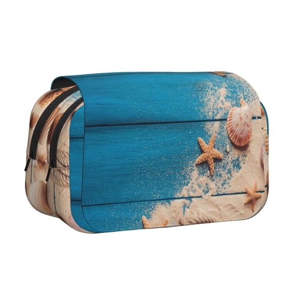 Rateoe Shells and Starfish Pattern Double Clamshell Pen Case, Storage Organizer with Two Zipper Compartments Holds Up to 50 Pencils & Pens
