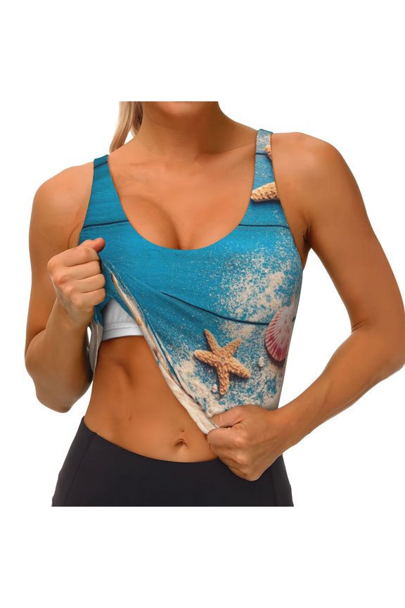 Shells and Starfish Print Womens' Sports Bras Scoop Neck Sports Vest- Padded U Back Seamless High Impact Support