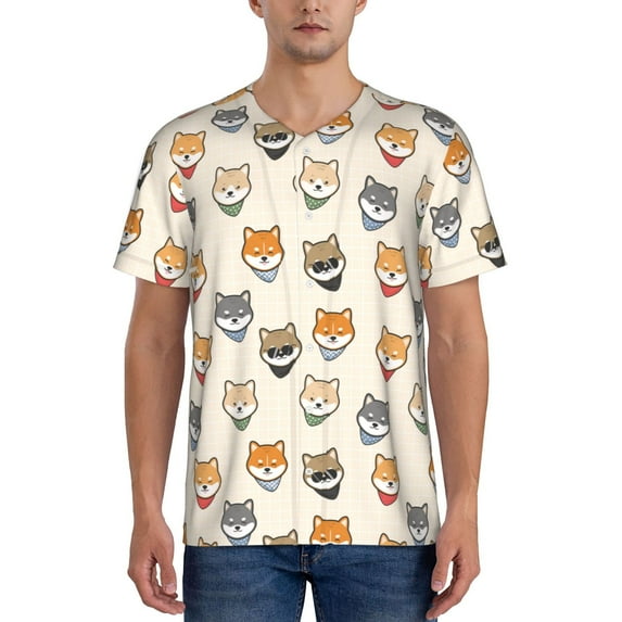 Rateoe Shiba Head Face Pattern Men’s Baseball Short Sleeve Polo Shirt, Midweight Men's Shirt Golf Shirt Polo Shirts Quick Dry Short-Medium