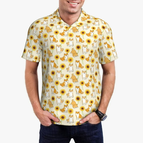 Rateoe Shiba Inu Dog Pattern Men's Short Sleeve Polo Shirts, Golf Polo Shirts Short Sleeve Performance Moisture Wicking Dry-Small