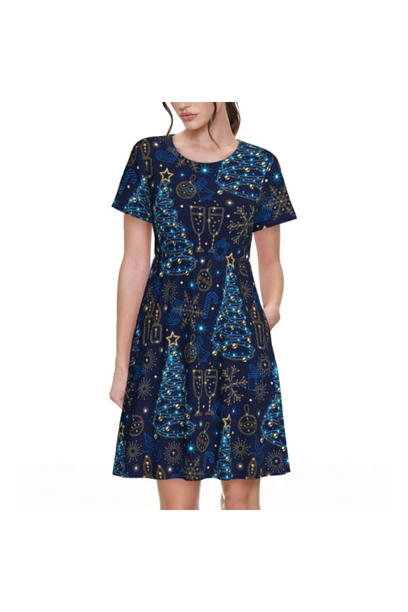 Shining Christmas Tree Pattern Women’s Short Sleeve Dress – Casual Elegant Summer A-Line Dress for Everyday Wear