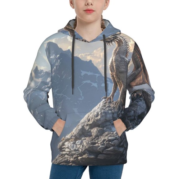 Rateoe Silver Dragon Mountain Peaks Pattern Boys Hoodie, Youth Pullover Hooded Sweatshirt, Kangaroo Pocket Hoodie for Kids-Medium