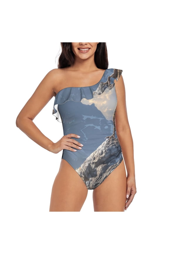Silver Dragon Mountain Peaks Pattern Women One Piece Swimsuits Tummy Control One Shoulder Bathing Suits Ruffle Swimwear-