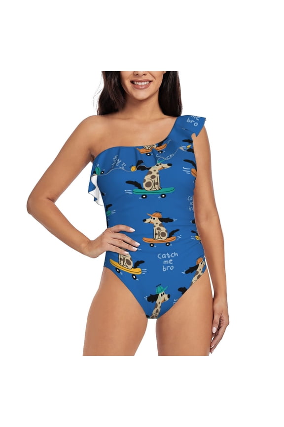 Skater Dog Pattern Women One Piece Swimsuits Tummy Control One Shoulder Bathing Suits Ruffle Swimwear-X-Large