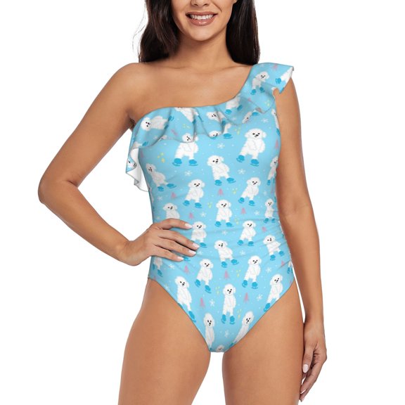 Rateoe Skating Poodle Fun Pattern Women One Piece Swimsuits Tummy Control One Shoulder Bathing Suits Ruffle Swimwear-