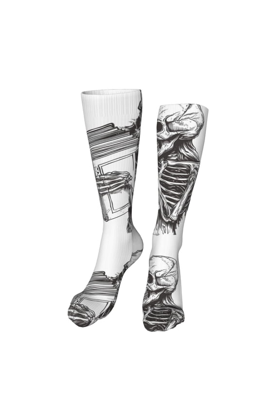 Skeleton Book Lover print Women's Men's Novelty 20in Crew Socks Cotton Socks Knee High Socks for Walking,Running,Nurses,Pregnancy-One Size