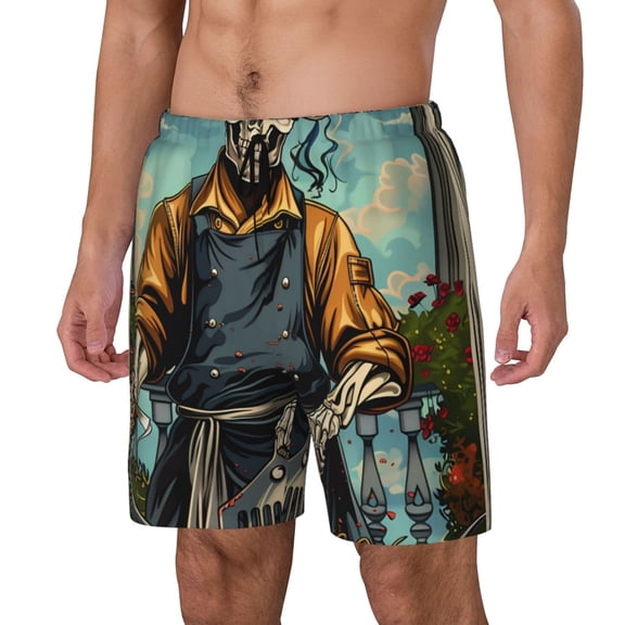 Rateoe Skeleton Chef BBQ Scene Pattern Men’s Swim Shorts with Compression Liner – Double-Layered Quick-Dry Swimwear, Comfortable & Stretchy Beach Shorts-Small