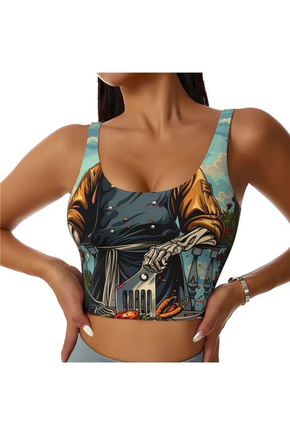 Skeleton Chef BBQ Scene Print Womens' Sports Bras Scoop Neck Sports Vest- Padded U Back Seamless High Impact Support-XX-Large