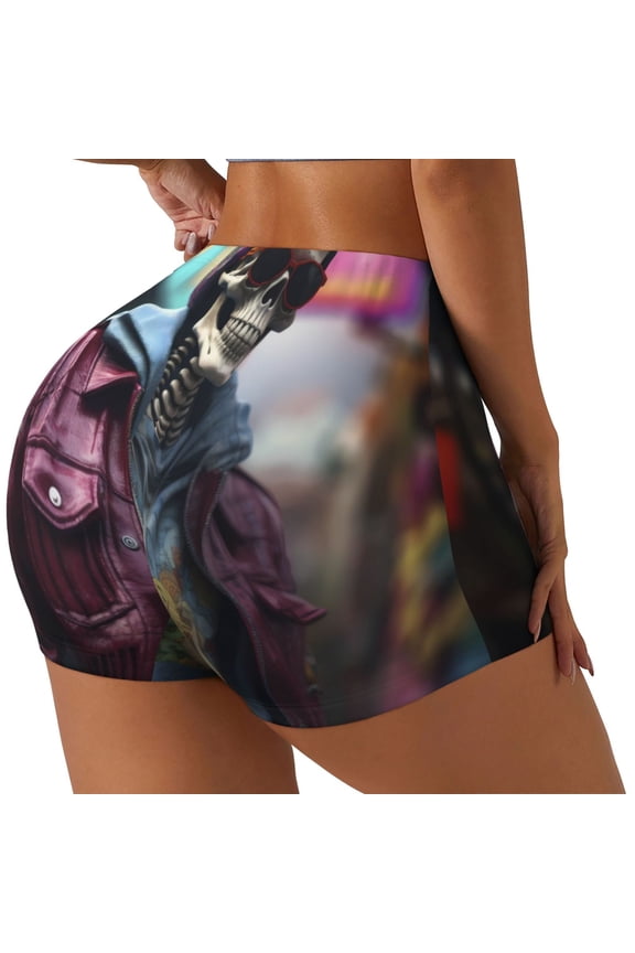 Skeleton Cool Street Fashion Printed Power Workout Shorts for Women Tummy Control Squat Proof Ribbed Thick Seamless Scrunch Active Short-Medium
