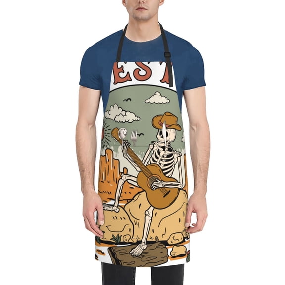 Rateoe Skeleton Cowboy And Guitar Aprons with Pocket,Men Womens Aprons Waterproof Adjustable Cooking Aprons for Kitchen Gardening and Salon