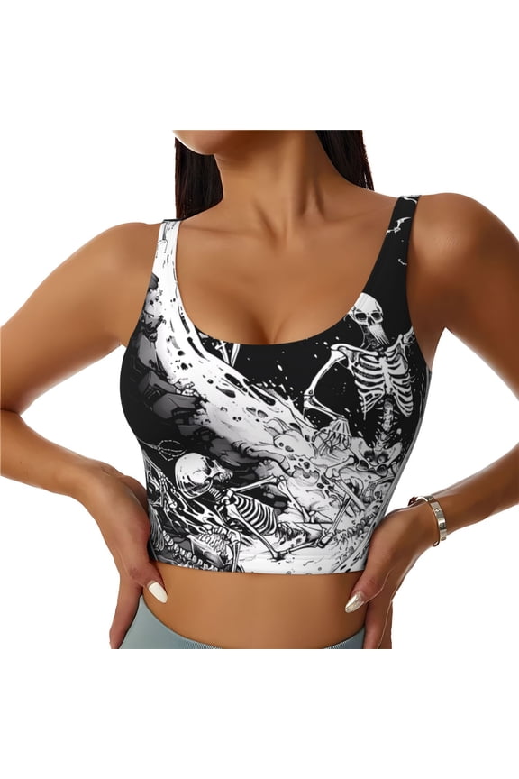 Skeleton Wave Artwork Print Womens' Sports Bras Scoop Neck Sports Vest- Padded U Back Seamless High Impact Support-Small