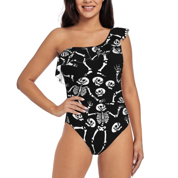 Rateoe Skeletons Dancing Pattern Women One Piece Swimsuits Tummy Control One Shoulder Bathing Suits Ruffle Swimwear-