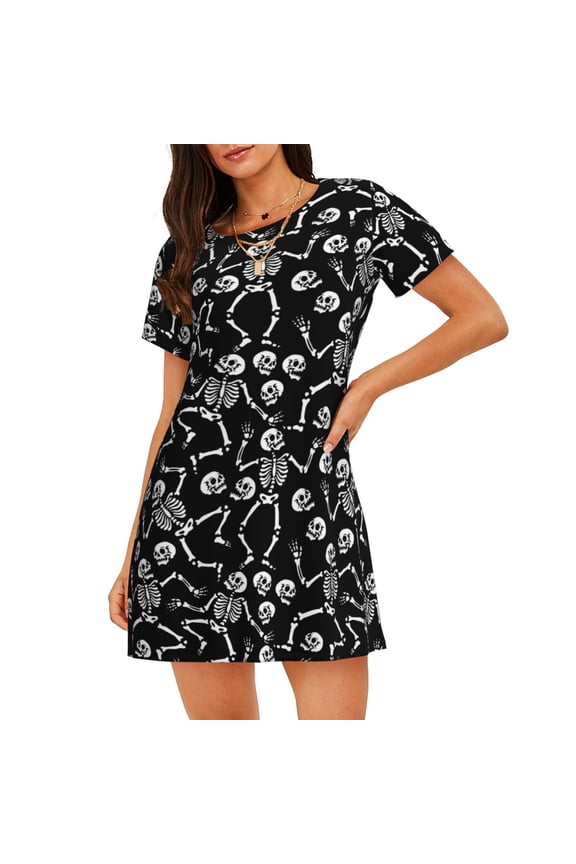 Skeletons Dancing Print Women’s Nightdress – Cozy Cotton Short-sleeved Sleep Shirt, Loose-Fit Sleepwear, Perfect for Relaxing and Sleeping