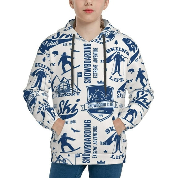 Rateoe Skiing Enthusiast Pattern Boys Hoodie, Youth Pullover Hooded Sweatshirt, Kangaroo Pocket Hoodie for Kids-Large