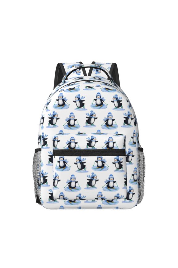 Skiing Penguin Funny Pattern Durable Student Backpack Laptop Bag- Ergonomic Design, Waterproof Twill Fabric - Ideal for School, Travel, and Outdoor Activities-One Size