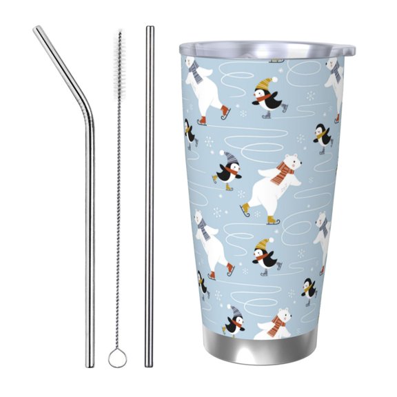 Rateoe Skiing penguin Bear Printed Car Guy Gifts for Men Women Tumbler - 20oz/590ml Double Wall Vacuum Insulated Stainless Steel Travel Tumbler Cups with Lid & Straw-Straw Three-piece Set