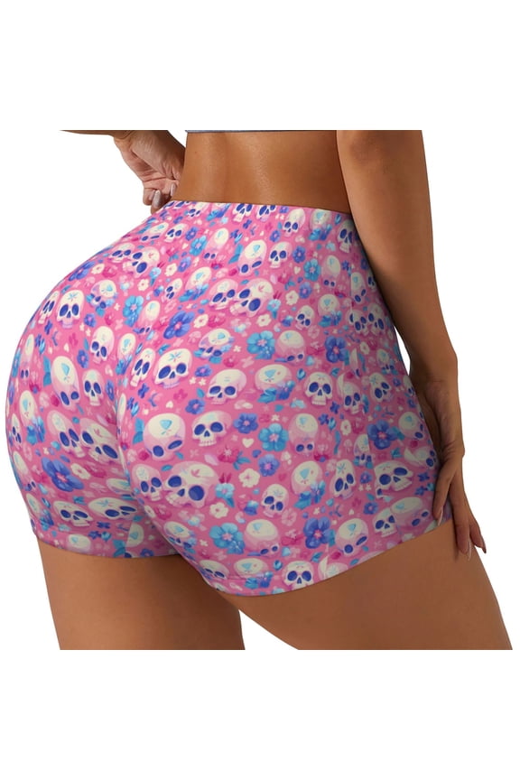 Skull Blue Flower Printed Power Workout Shorts for Women Tummy Control Squat Proof Ribbed Thick Seamless Scrunch Active Short-Small