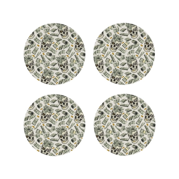 Rateoe Skull with Cash Drawing Drink Coasters Set of 4 Leather Coasters Spill Protection for Table Desk,Durable and Non Slip Leather Coaster ,4 Inches Drink Mats-Round Shape