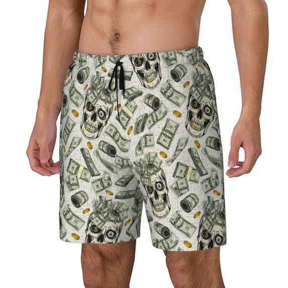 Rateoe Skull with Cash Pattern Men’s Swim Shorts with Compression Liner – Double-Layered Quick-Dry Swimwear, Comfortable & Stretchy Beach Shorts-Medium