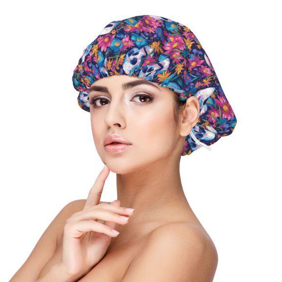 Rateoe Skull Daisy Pattern Silk Satin Hair Bonnet for Sleeping, Adjustable Sleep Cap Turban for Women , Curly Straight Hair Long Large Braid