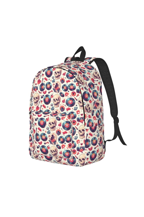 Skull Guitar record lips Pattern Durable Canvas Backpack for Men & Women – Stylish & Lightweight – Adjustable Straps, Multiple Pockets – Fits 15-17 Inch LaptopsSmall