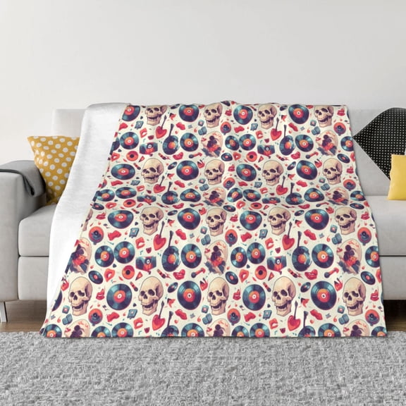 Rateoe Skull Guitar record lips Pattern Flannel Throw Blanket, Ultra-soft Blanket for Bed, Couch, Car, Hypoallergenic Anti-pilling blanket-40"x30"(Horizontal)