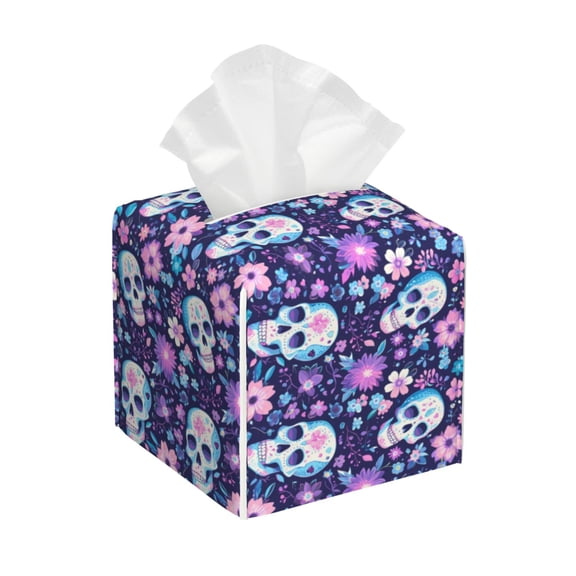 Rateoe Skull Purple Flower Pattern Tissue Box Cover, Modern Square Decorative Leather Facial Paper Case Organizer Holder Dispenser 5X5X5''