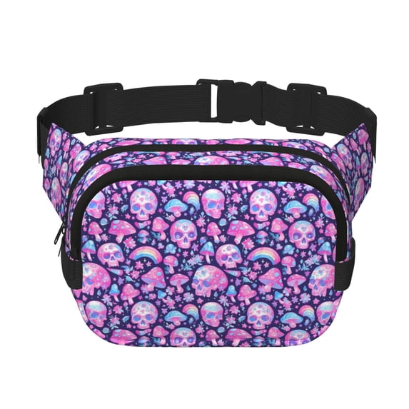 Rateoe Skull Rainbow Mushroom Print Fanny Pack Belt Bag for Women and Men, Square Double-Layer Waterproof Waist Pack with Adjustable Strap for Hiking, Jogging, Cycling