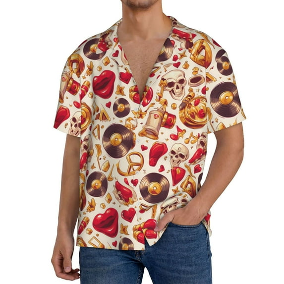 Rateoe Skull Retro record lips Pattern Men's Short Sleeve Classic Shirt, Casual Short-Sleeved Shirt, Lightweight Summer Shirt, Cuban Collar Shirt,Button-Front Shirt-4X-Large