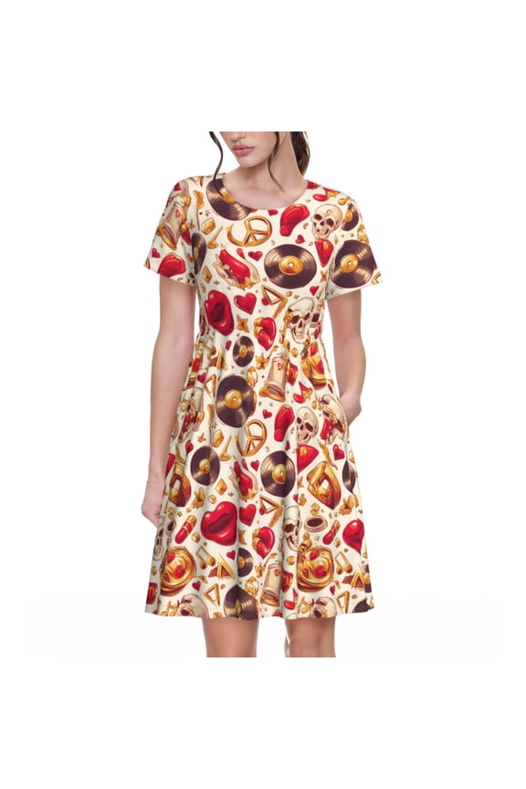 Skull Retro record lips Pattern Women’s Short Sleeve Dress – Casual Elegant Summer A-Line Dress for Everyday Wear