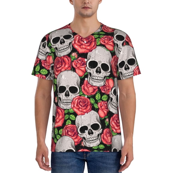 Rateoe Skull and Roses Pattern Men’s Baseball Short Sleeve Polo Shirt, Midweight Men's Shirt Golf Shirt Polo Shirts Quick Dry Short-3X-Large