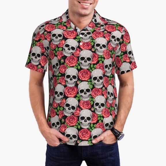 Rateoe Skull and Roses Pattern Men's Short Sleeve Polo Shirts, Golf Polo Shirts Short Sleeve Performance Moisture Wicking Dry-Large