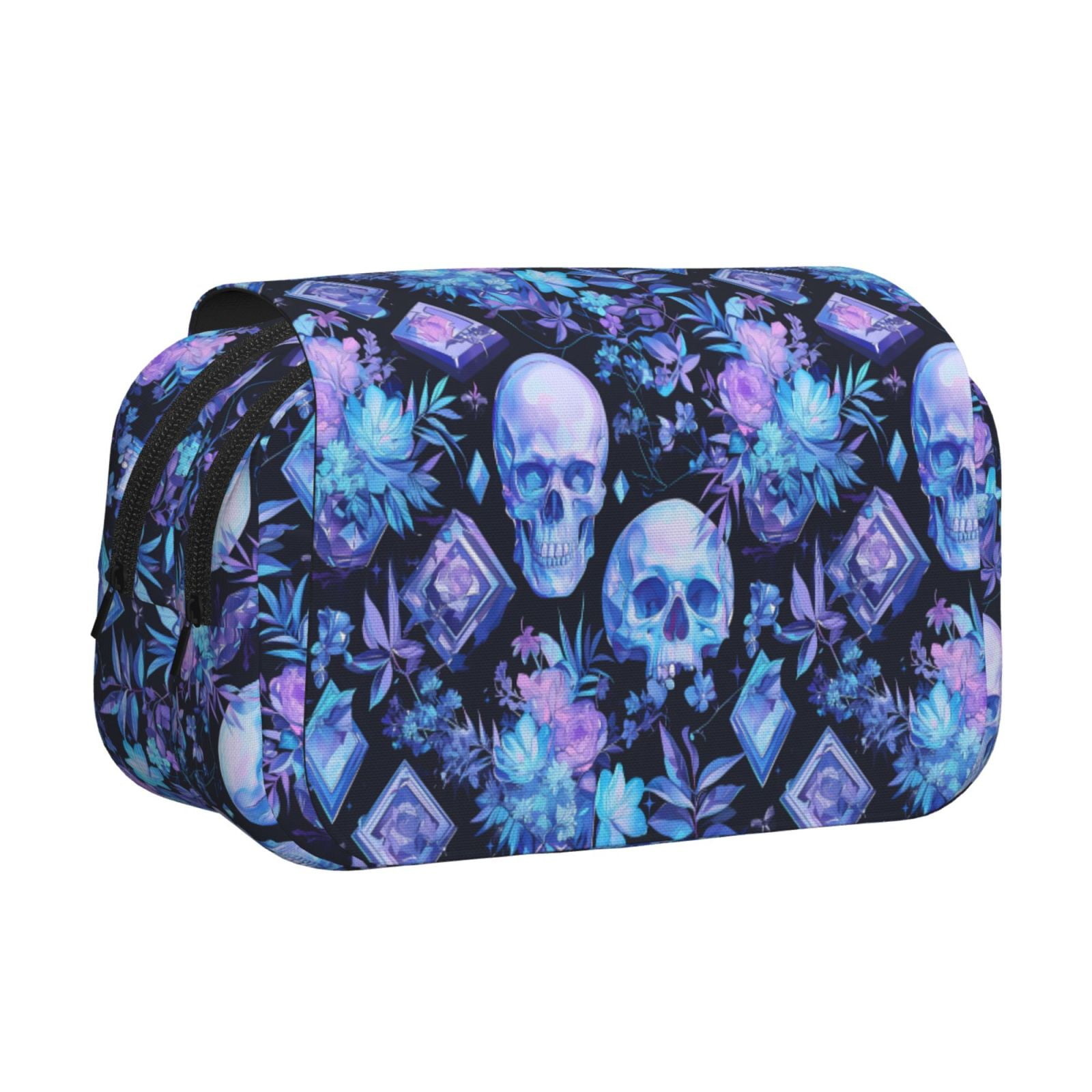 Rateoe Skull blue crystal flower Pattern Double Clamshell Pen Case, Storage Organizer with Two Zipper Compartments– Holds Up to 50 Pencils & Pens
