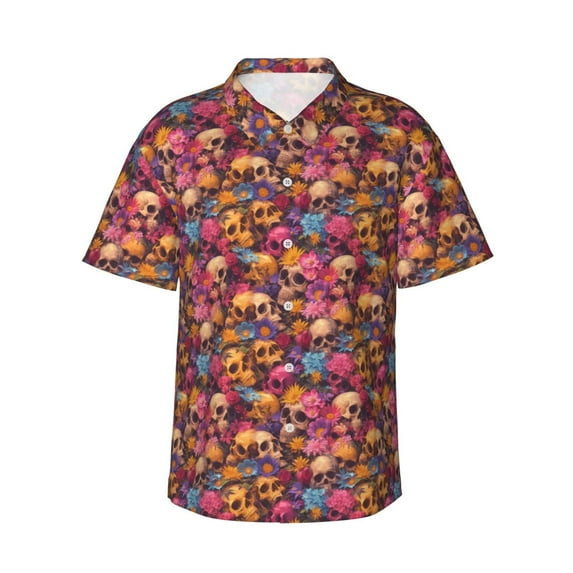 Rateoe Skull blue daisy flower Pattern Men’s Hawaiian Shirt – Short Sleeve Button-Down Tropical Beach Shirt, Lightweight & Breathable Casual Aloha Shirt with Pocket,XX-Large