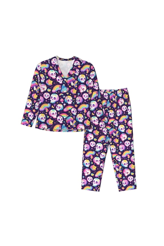 Skull colorful mushroom rainbow Pattern Womens Pajamas Set Long Sleeve Sleepwear Button Down Nightwear Soft Cotton Pj Lounge Sets