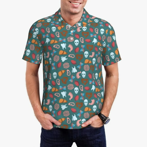 Rateoe Skull cute organ Pattern Men's Short Sleeve Polo Shirts, Golf Polo Shirts Short Sleeve Performance Moisture Wicking Dry-Medium