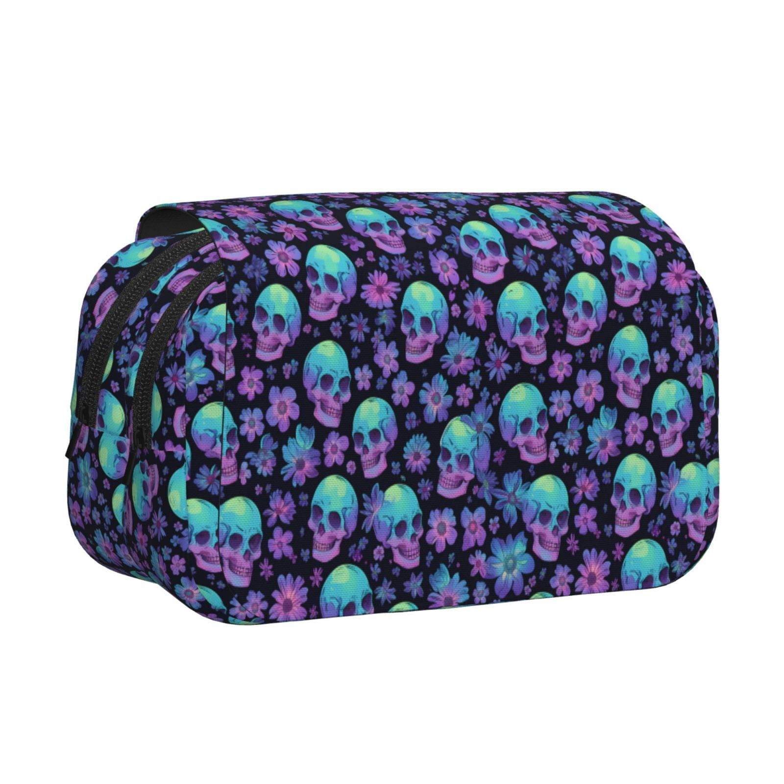Rateoe Skull daisy Gradient Pattern Double Clamshell Pen Case, Storage Organizer with Two Zipper Compartments– Holds Up to 50 Pencils & Pens